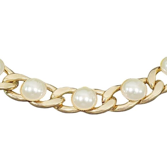 Faux Pearl Bead Gold Tone Link Chain Necklace 16" Chain - Picture 3 of 11